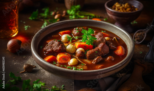 Bowl of stew with carrots, potatoes, and meat in it. Generative AI.