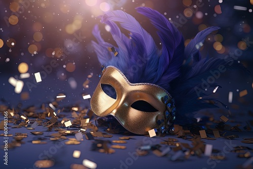 Realistic luxury carnival mask with golden feathers. Abstract blurred background, gold dust, and light effects. Generative Ai © Tamara
