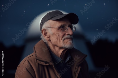 Portrait of an old man in a cap on the background of the moon.