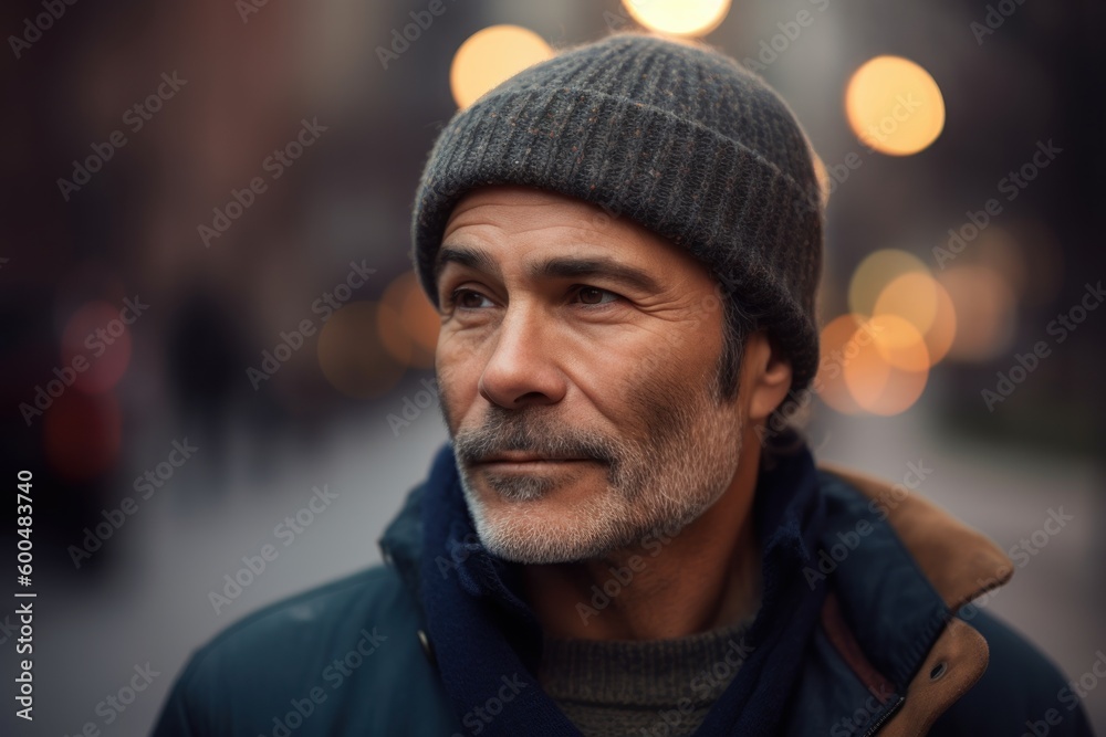Portrait of a mature man with gray beard in the city at night