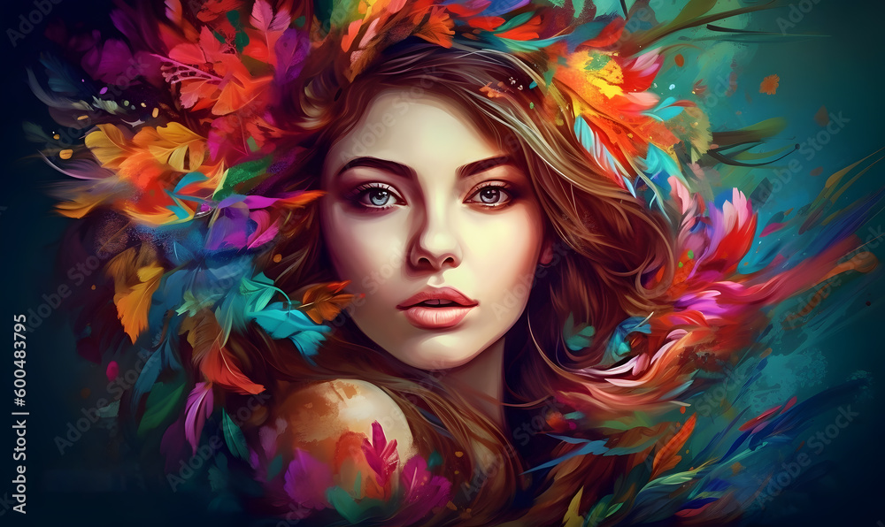 Image of woman with colorful leaves on her head and her hair blowing in the wind. Generative AI.