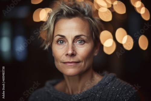 Portrait of mature woman looking at camera in front of defocused lights