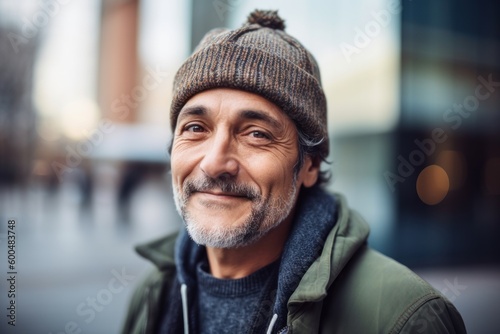 Portrait of a senior man in a hat and coat on the street