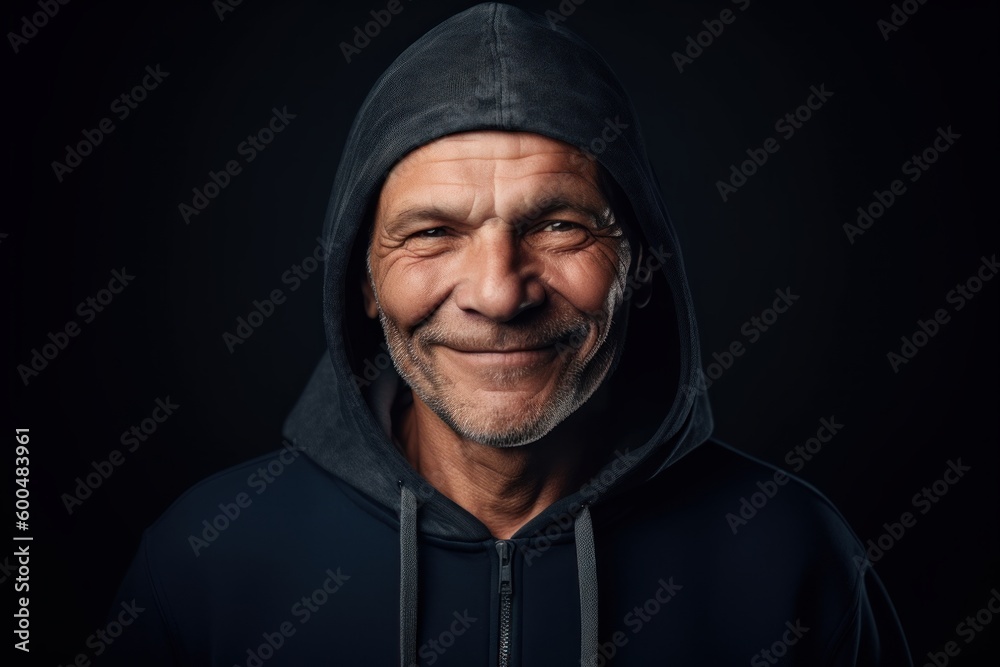 Environmental portrait photography of a satisfied man in his 50s wearing a stylish hoodie against a chalkboard or blackboard background. Generative AI