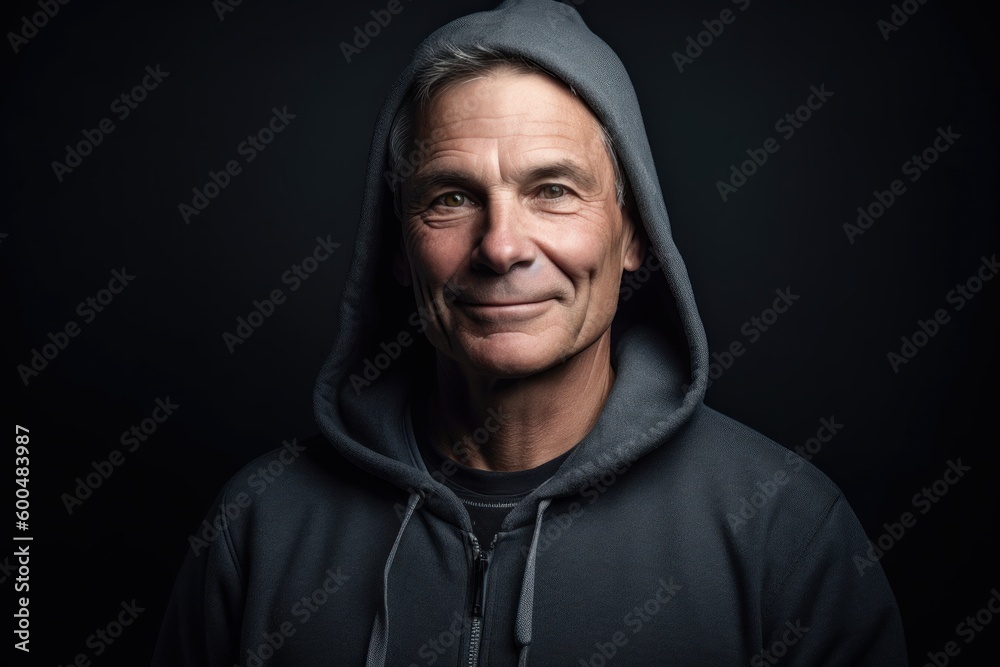 Portrait of a smiling senior man in a hood on a black background Portrait of a smiling senior man in a hood on a black background