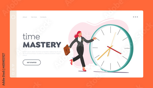 Time Mastery Landing Page Template. Businesswoman Sprints Past Huge Clock, Checking Time, Cartoon Vector Illustration