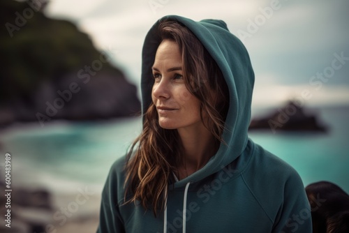 Young woman in a green hooded sweatshirt on a rocky beach.