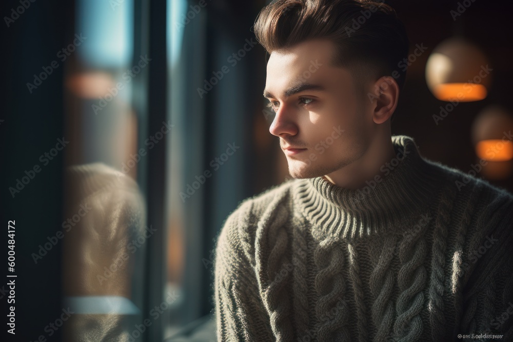 Handsome young man in sweater standing near window and looking away Handsome young man in sweater standing near window and looking away