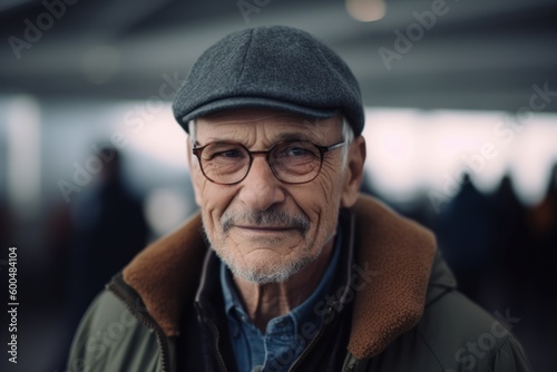 Portrait of an elderly man in a cap and coat in the subway