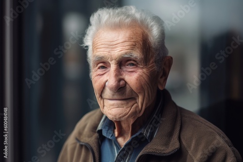 Portrait of an old man with grey hair in the old house