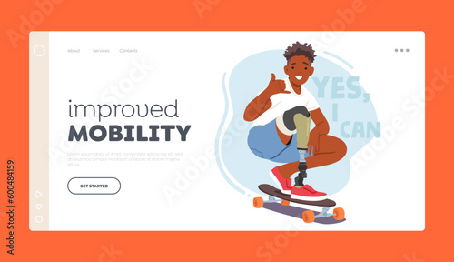 Improved Mobility Landing Page Template. Young Skateboarder Rides With Leg Prosthesis, Demonstrating His Perseverance
