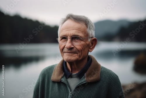 Portrait of an elderly man standing by the lake in the mountains.