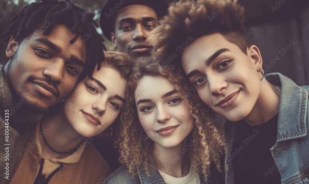 Happy friends from diverse cultures and races taking selfie with back lighting, generative AI Happy friends from diverse cultures and races taking selfie with back lighting, generative AI