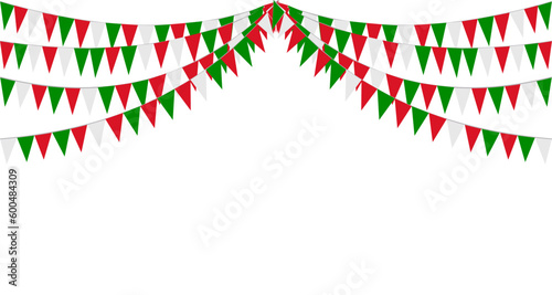Italian republic day, 2nd June. Bunting Hanging Red White Green Flag Triangles Banner Background. Italy, Iran, Portugal, Lebanon, Belarus, Bulgaria, Mexico. Party, Fair, Christmas, New year, carnival.