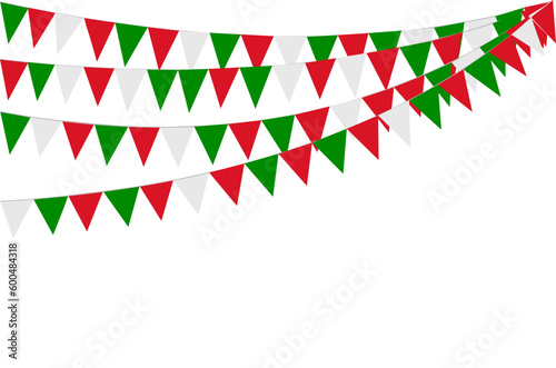Italian republic day, 2nd June. Bunting Hanging Red White Green Flag Triangles Banner Background. Italy, Iran, Portugal, Lebanon, Belarus, Bulgaria, Mexico. Party, Fair, Christmas, New year, carnival.