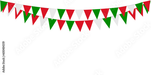 Italian republic day, 2nd June. Bunting Hanging Red White Green Flag Triangles Banner Background. Italy, Iran, Portugal, Lebanon, Belarus, Bulgaria, Mexico. Party, Fair, Christmas, New year, carnival.