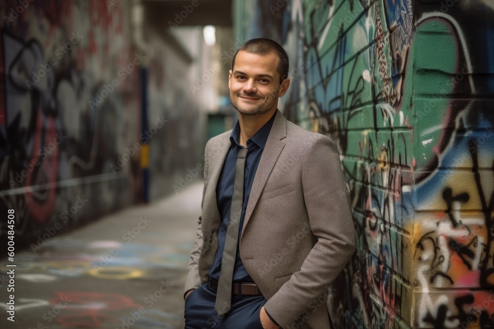 Portrait of a young handsome businessman in an urban setting with graffiti Portrait of a young handsome businessman in an urban setting with graffiti