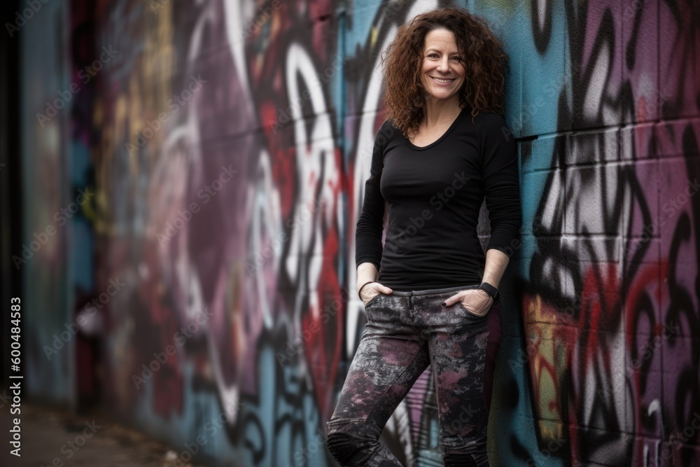 Portrait of a beautiful young woman with curly hair standing in front of a graffiti wall