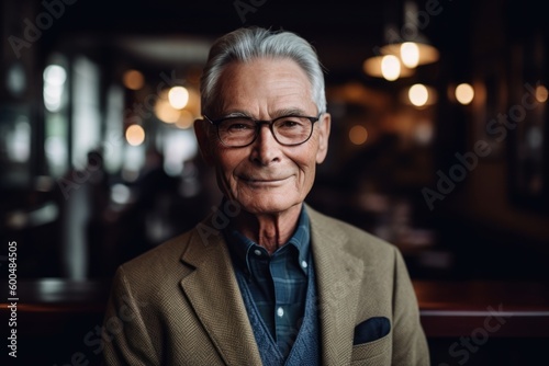 Portrait of smiling senior man in eyeglasses sitting in cafe