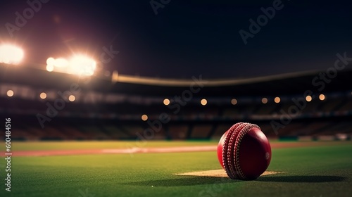 Tablou canvas closeup of red cricket ball in stadium, Generative Ai