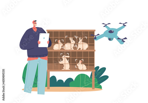 Farmer Male Character Use Tablet To Control Drone To Monitor Rabbit Cages. Efficient Livestock Management