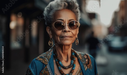 Image of stylish ethnic senior woman on street, generative AI