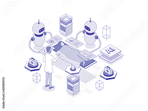 Nursing assistants by robotics technology, contributing to efficiency and effectiveness of healthcare services. Artificial intelligence in healthcare lineal isometric illustration.