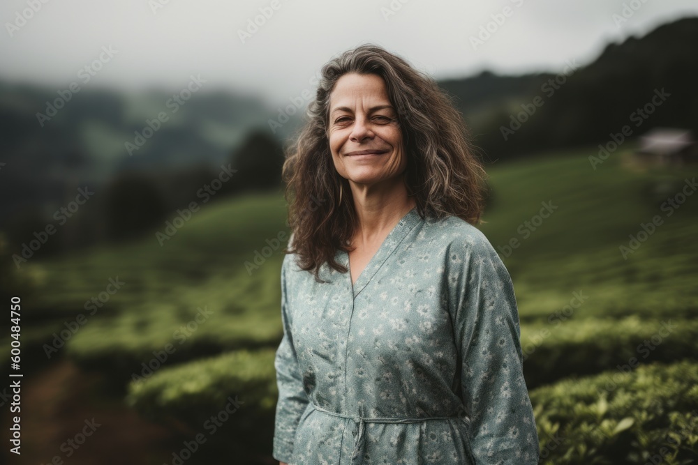 Portrait of happy mature woman standing in tea plantation, looking at camera