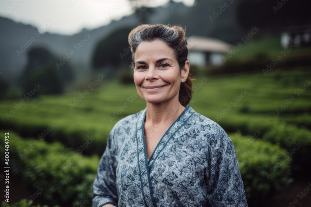 Portrait of a beautiful mature woman smiling at camera in a tea plantation Portrait of a beautiful mature woman smiling at camera in a tea plantation