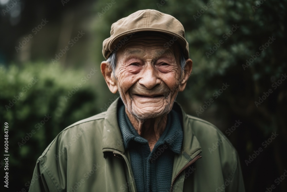 Portrait of an old man with a cap in the garden.