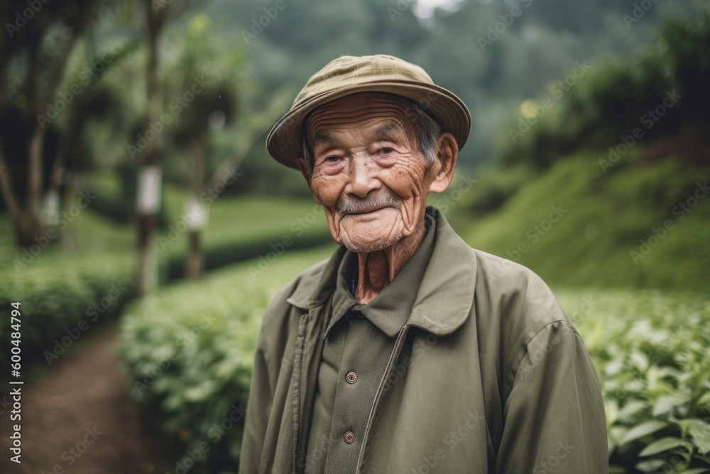 Happy asian old man smile and looking at camera in tea plantation