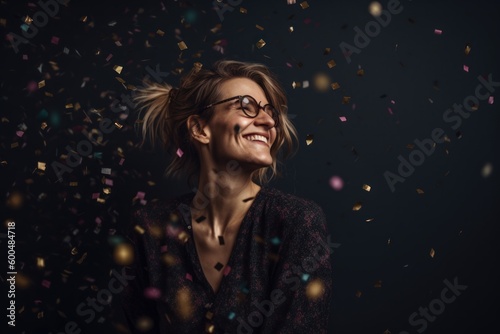 Happy young woman in glasses with confetti on black background. Celebration concept