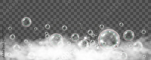 	
Air bubbles on a transparent background. Soap foam vector illustration.	
