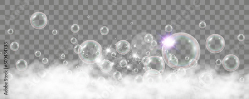 	
Air bubbles on a transparent background. Soap foam vector illustration.	
