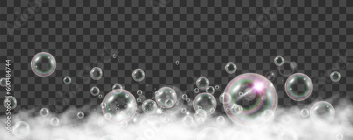 	
Air bubbles on a transparent background. Soap foam vector illustration.	

