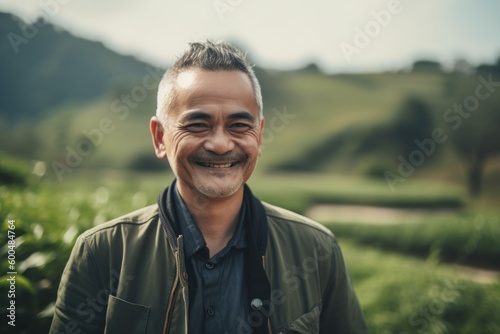 Portrait of handsome asian man smiling and standing in tea plantation