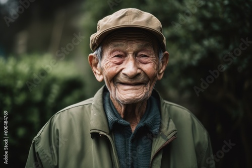 Portrait of an old man with a cap in the garden.