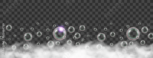 	
Air bubbles on a transparent background. Soap foam vector illustration.	
