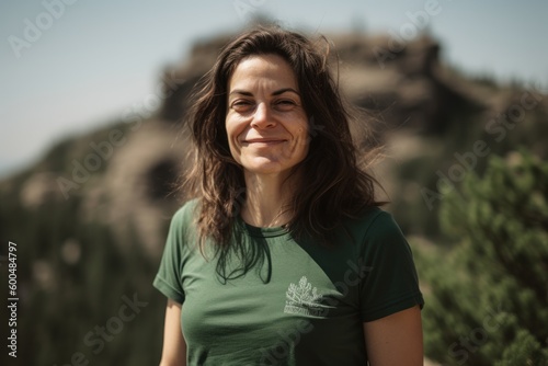 Portrait of a beautiful young woman with long brown hair and green t-shirt