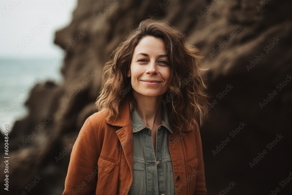 Portrait of a smiling young woman standing on the beach in autumn