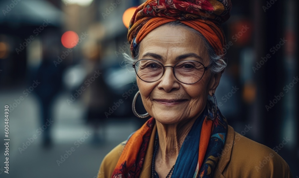 Image of stylish ethnic senior woman on street, generative AI
