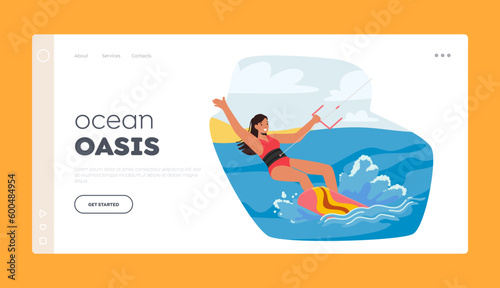 Kite Surfing Landing Page Template. Woman Using Kite To Harness The Wind, Glides Over The Waves, Performing Tricks
