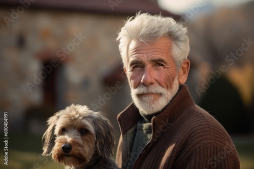 Portrait of a senior man with his dog in the park.