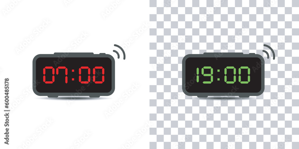Digital alarm clock.set of red and green led digital clock number isolated on white and transparent background.Vector illustration. - obrazy, fototapety, plakaty 
