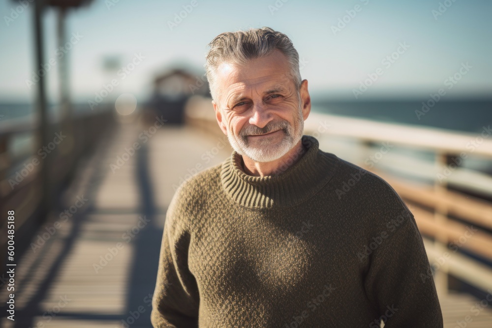 Portrait of a smiling senior man standing on a pier at sunrise