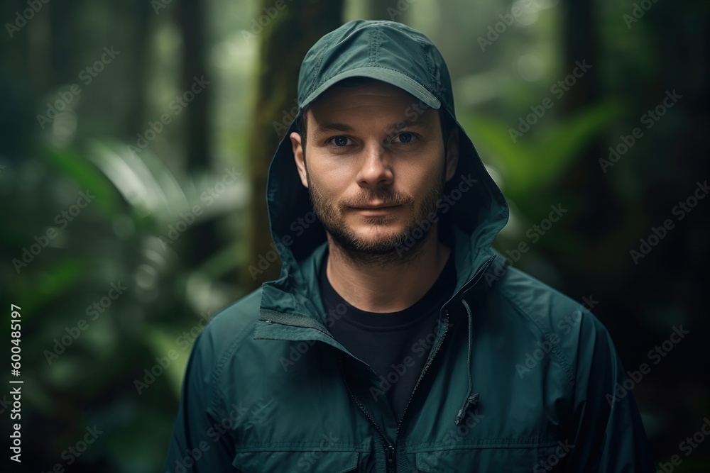 Portrait of a handsome man in a raincoat in the jungle Portrait of a handsome man in a raincoat in the jungle