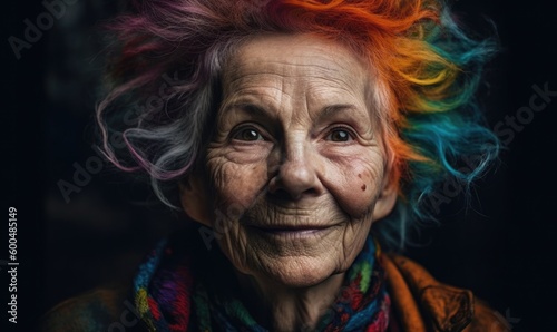 Portrait of aged woman with colorful hair, generative AI