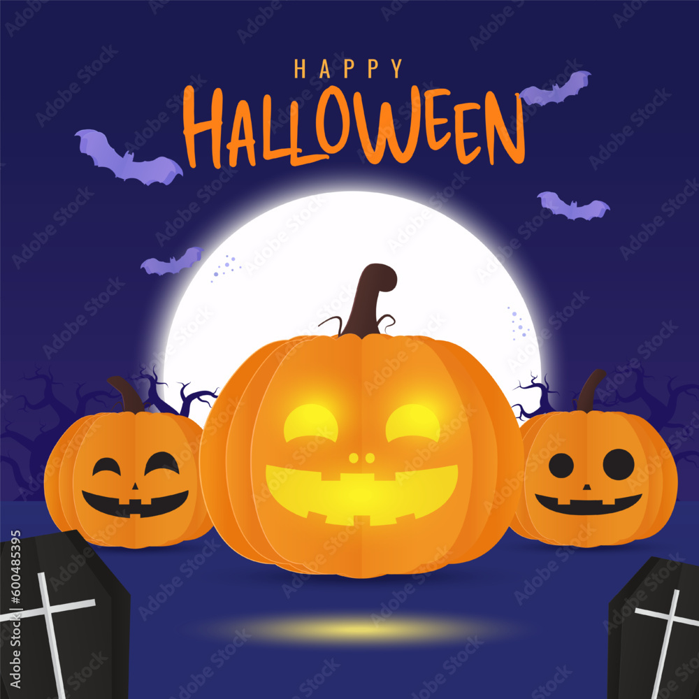 Happy halloween. Lantern orange pumpkin with pumpkin, bat and coffin for halloween on orange background. Vector illustration Happy halloween. Lantern orange pumpkin with pumpkin, bat and coffin for halloween on orange background. Vector illustration