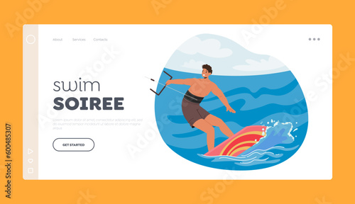 Swim Soiree Landing Page Template. Sportsman Character Kite Surfing On Ocean Waves, Riding The Wind, Vector Illustration