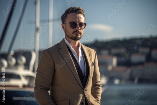 Handsome young man in a beige suit and sunglasses is standing on the pier.